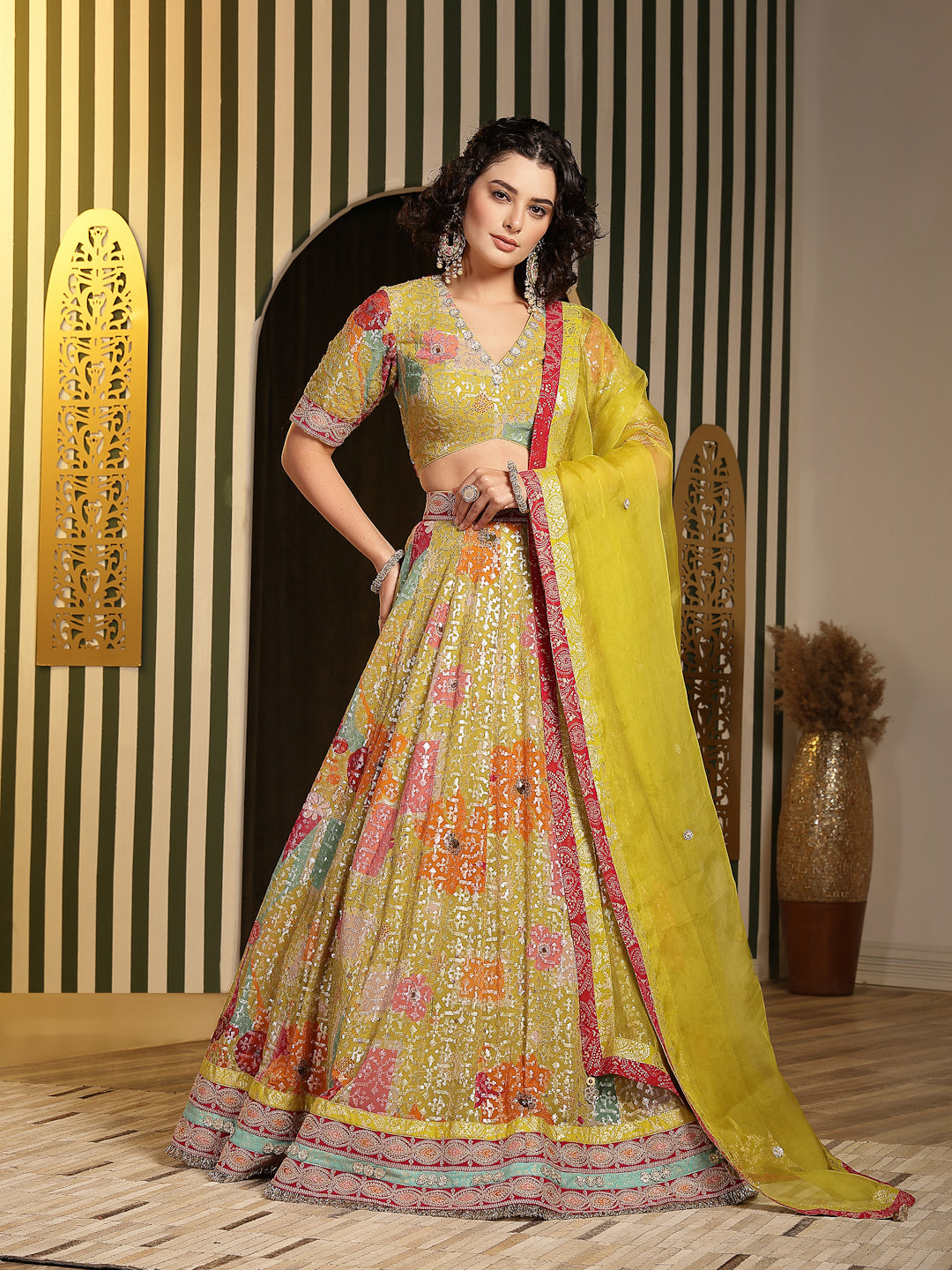 Floral Lime Green Lehenga Choli with Organza Dupatta