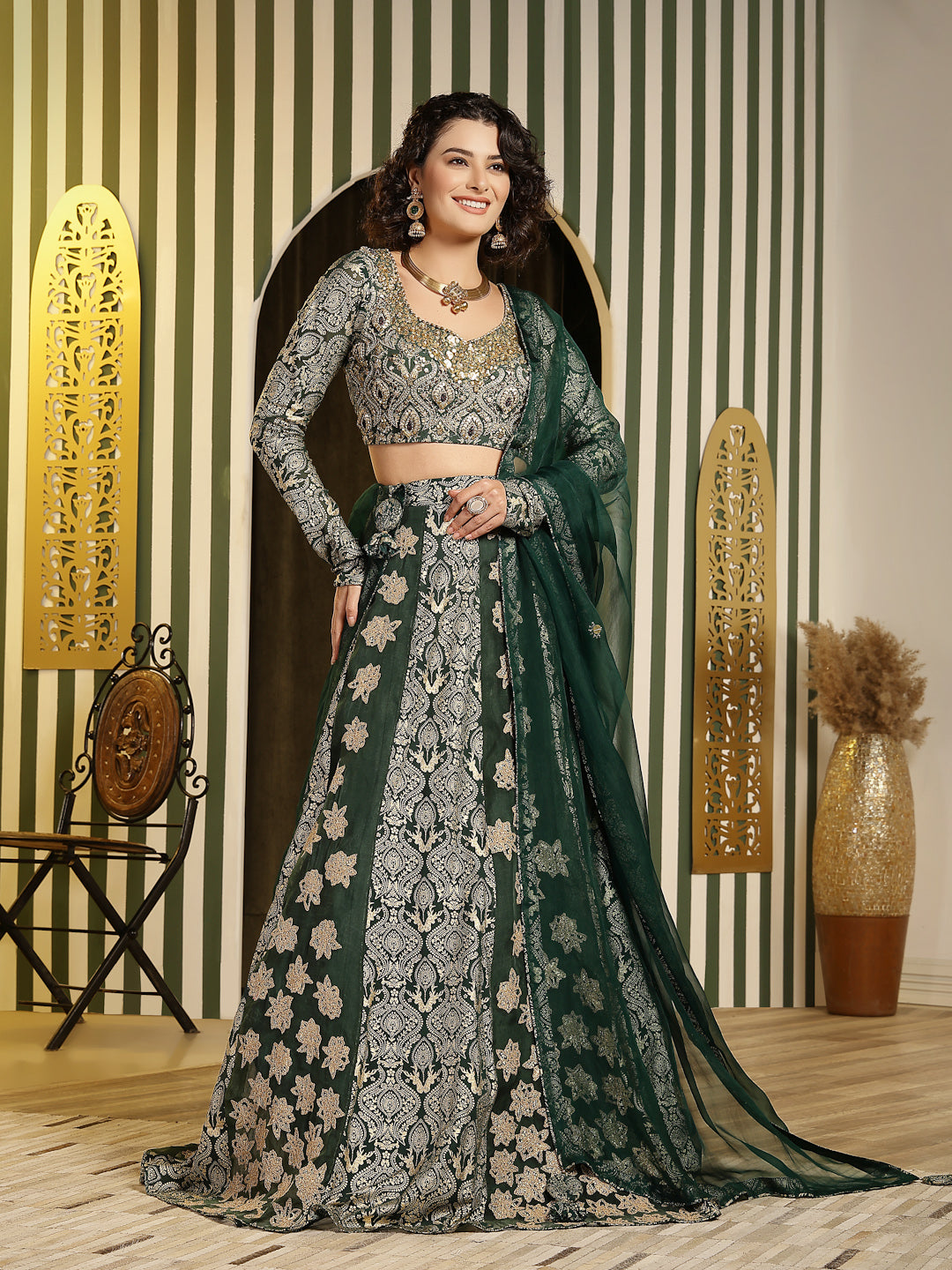 Bottle Green Georgette Lehenga with Organza Dupatta