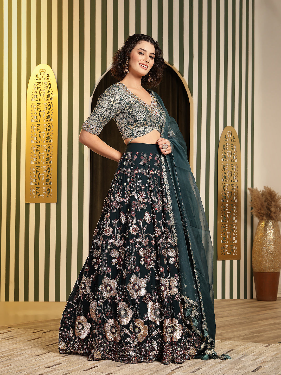 Teal Green Georgette Lehenga with Organza Dupatta