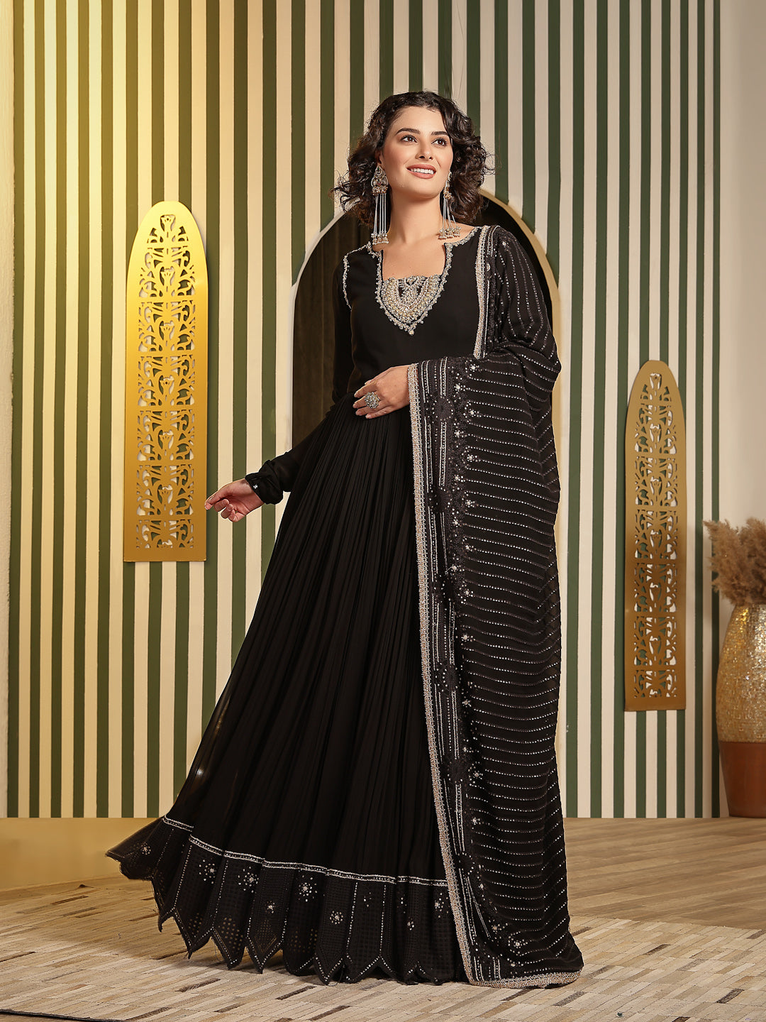 Black Chikankari Georgette Anarkali with Organza Dupatta