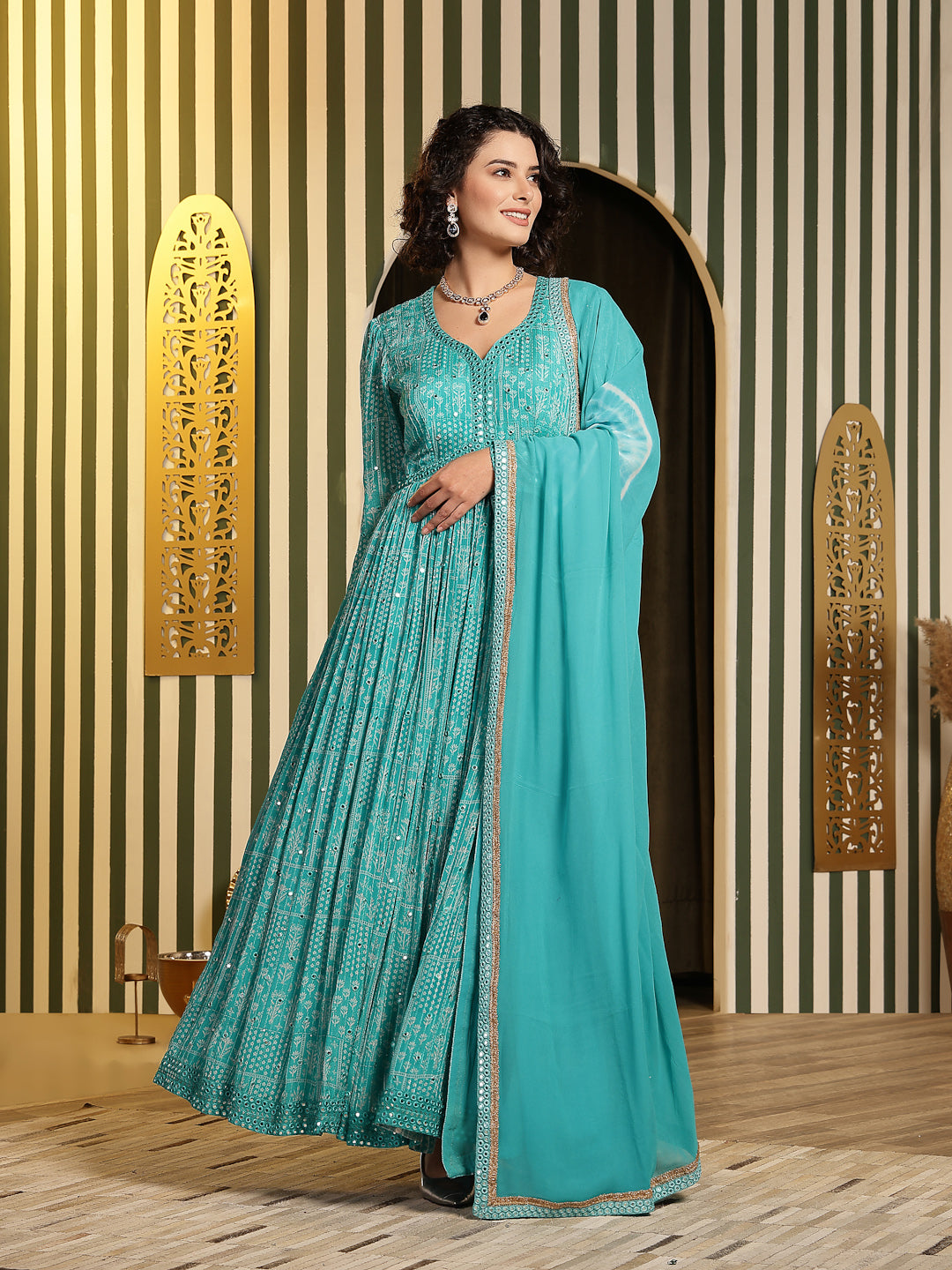 Firozi Bandhej Georgette Anarkali Set