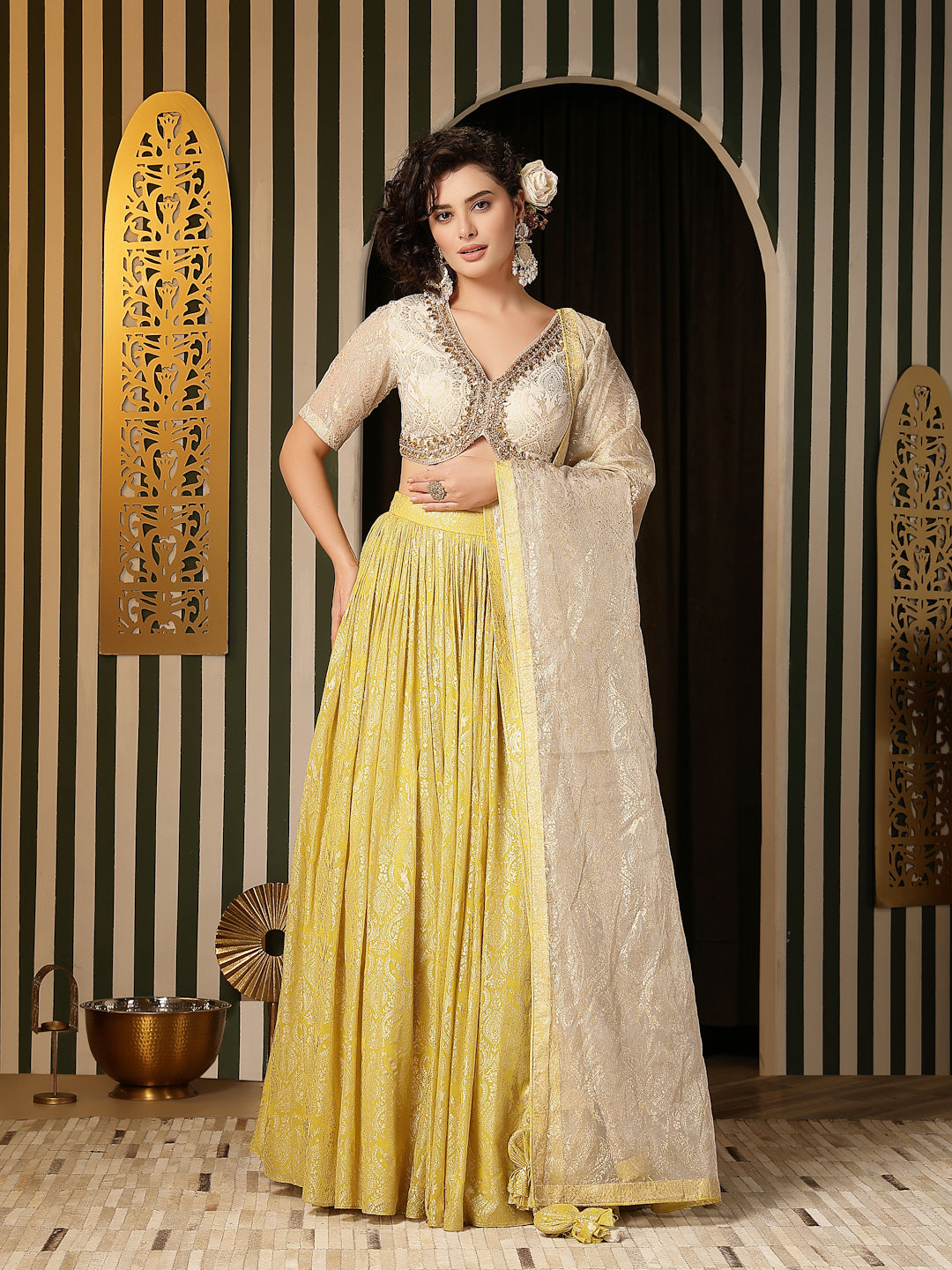 Ivory Yellow Georgette Lehenga Set