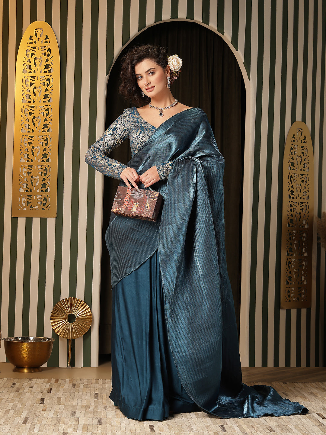 Turquoise Pleated Saree with Satin Skirt & Lycra Blouse