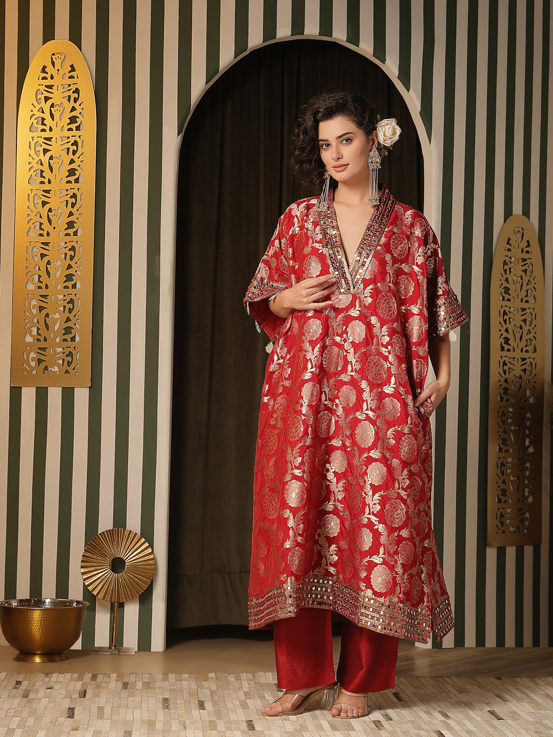 Red Banarasi Kurti Set with Mirror Work