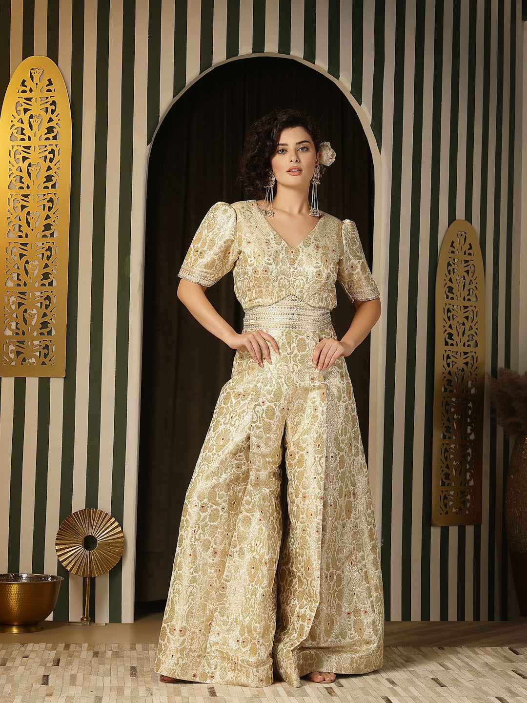 Ivory Khimkhaab Handworked Belted Jumpsuit