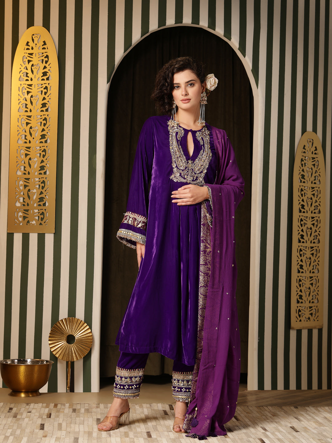 Purple Velvet Kurti Set with Dabka Work