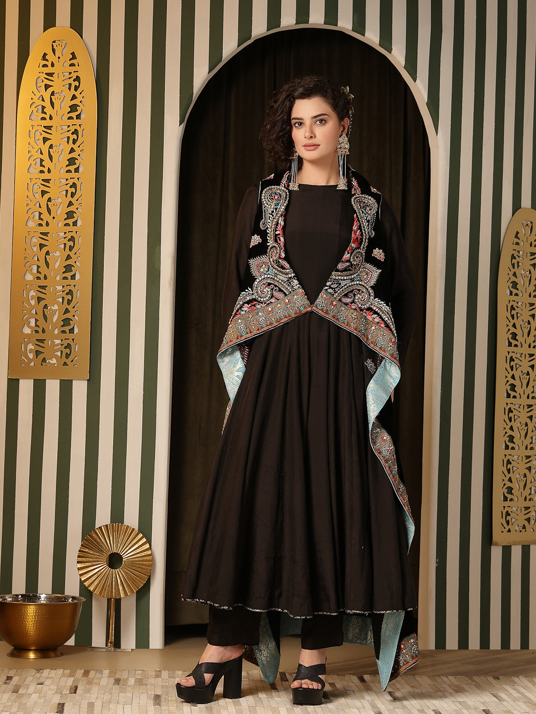 Black Velvet Anarkali Set with Slim Pants