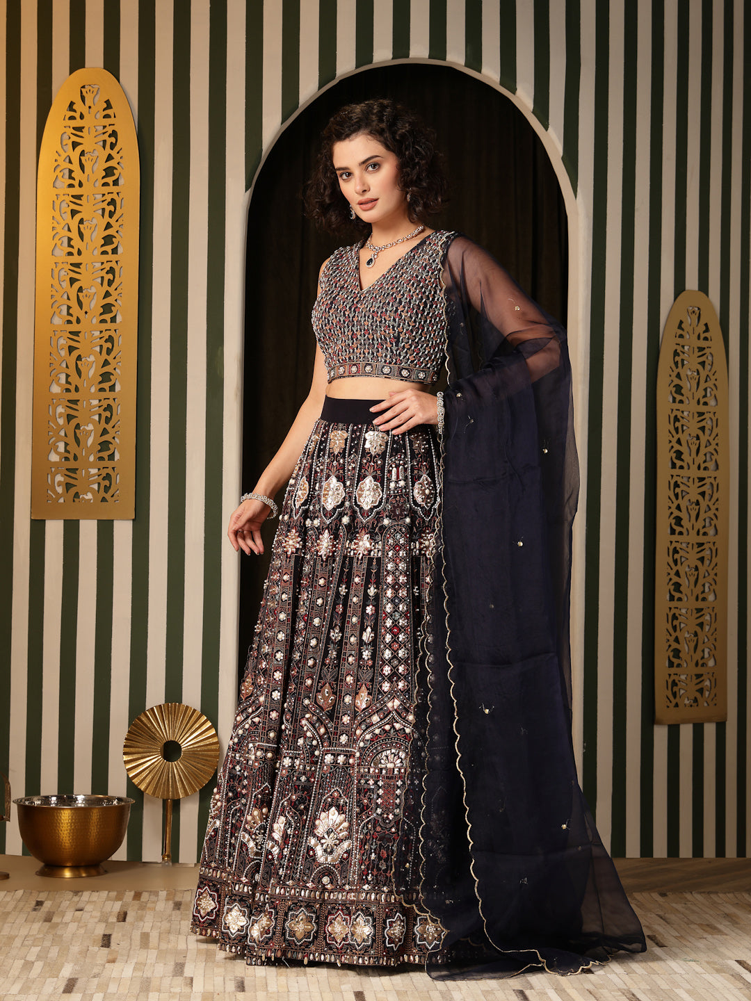 Navy Blue Georgette Lehenga with Foil & Metal Work