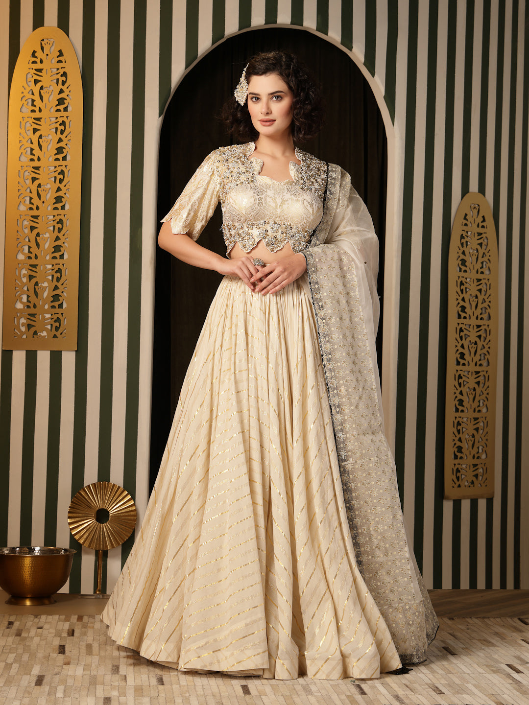 Ivory Striped Lehenga with Foil Printed Blouse