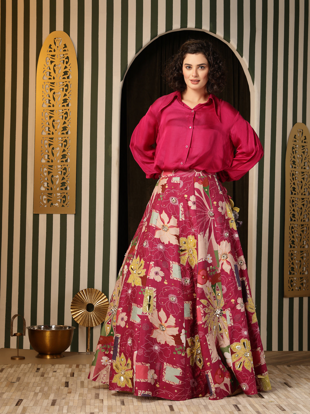 Magenta Floral Silk Lehenga with Metal & Foil Work