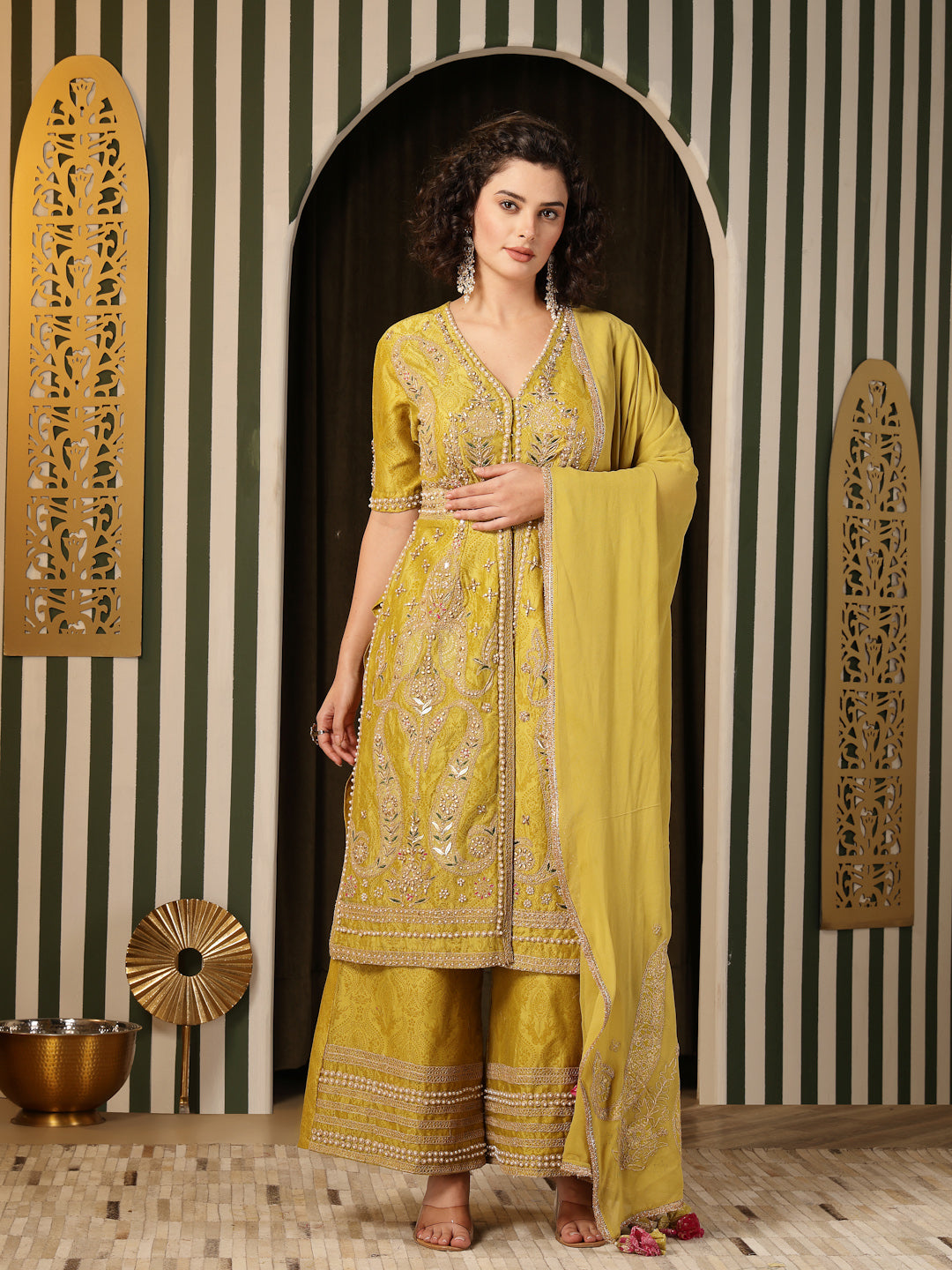 Yellow Kurti Set with Resham Work & Georgette Dupatta