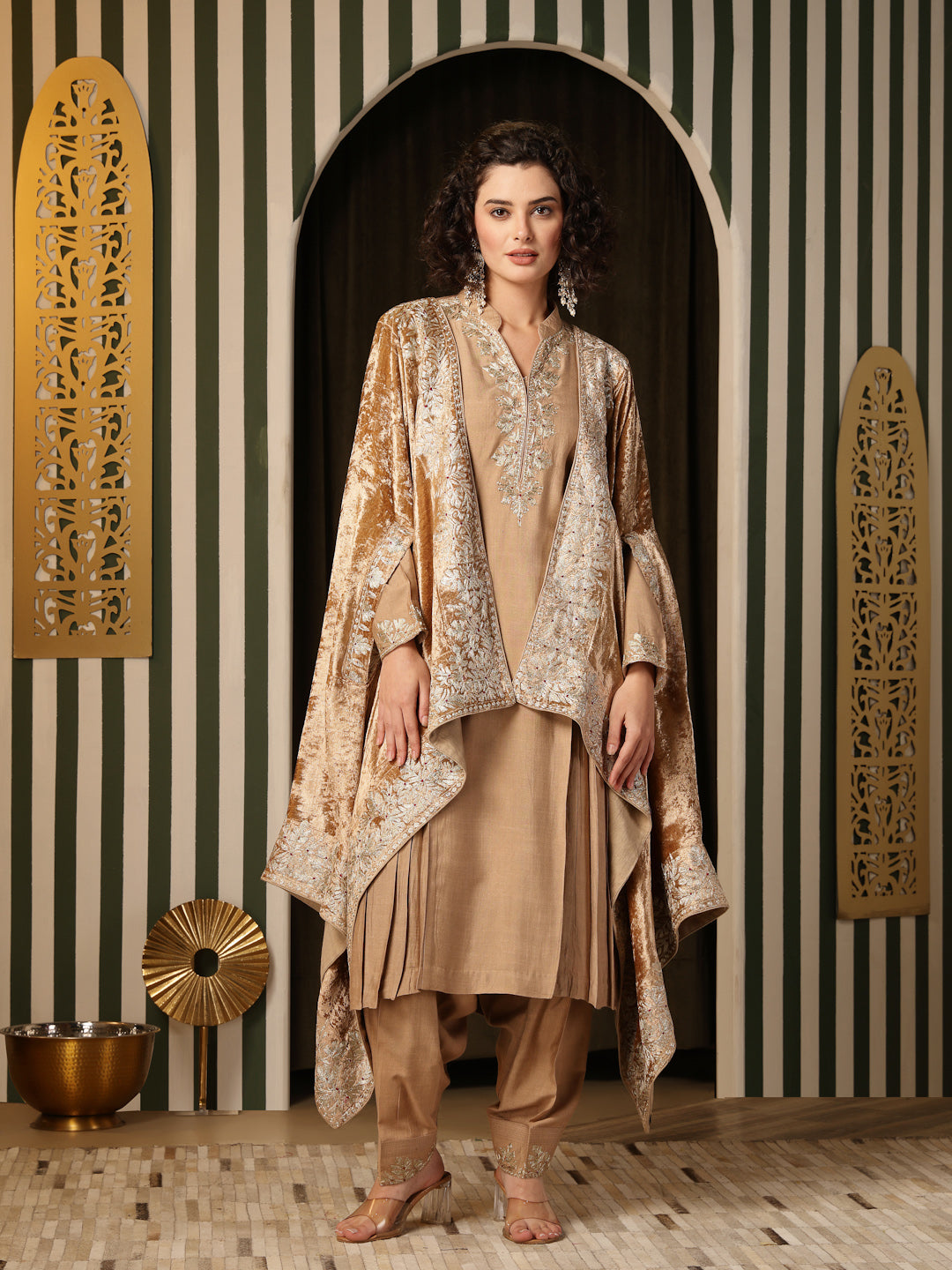 Beige Fitted Anarkali Kurti Set with Aari Work