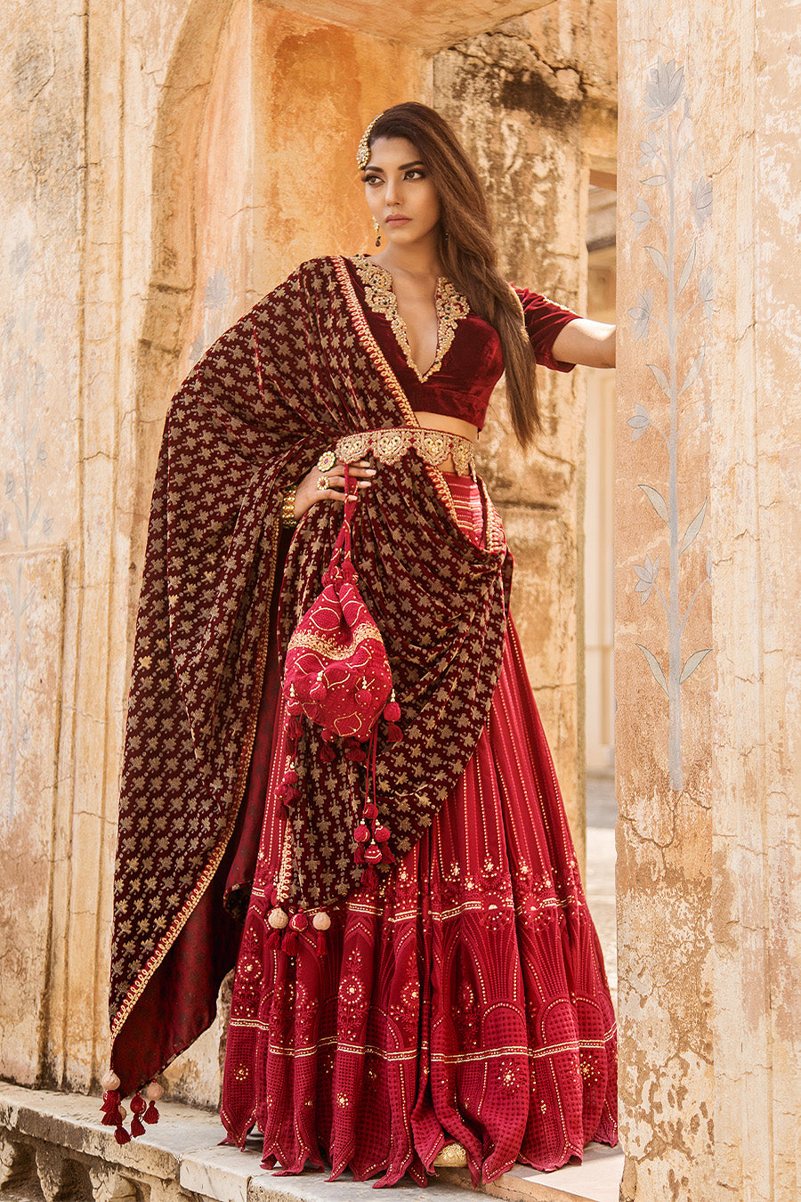 This 3 pc set includes a Silk velvet blouse, lehenga, and shawl. Pockets  and shawl hand embroidered with sequins, … | Indian dresses online, Lehenga,  Indian dresses