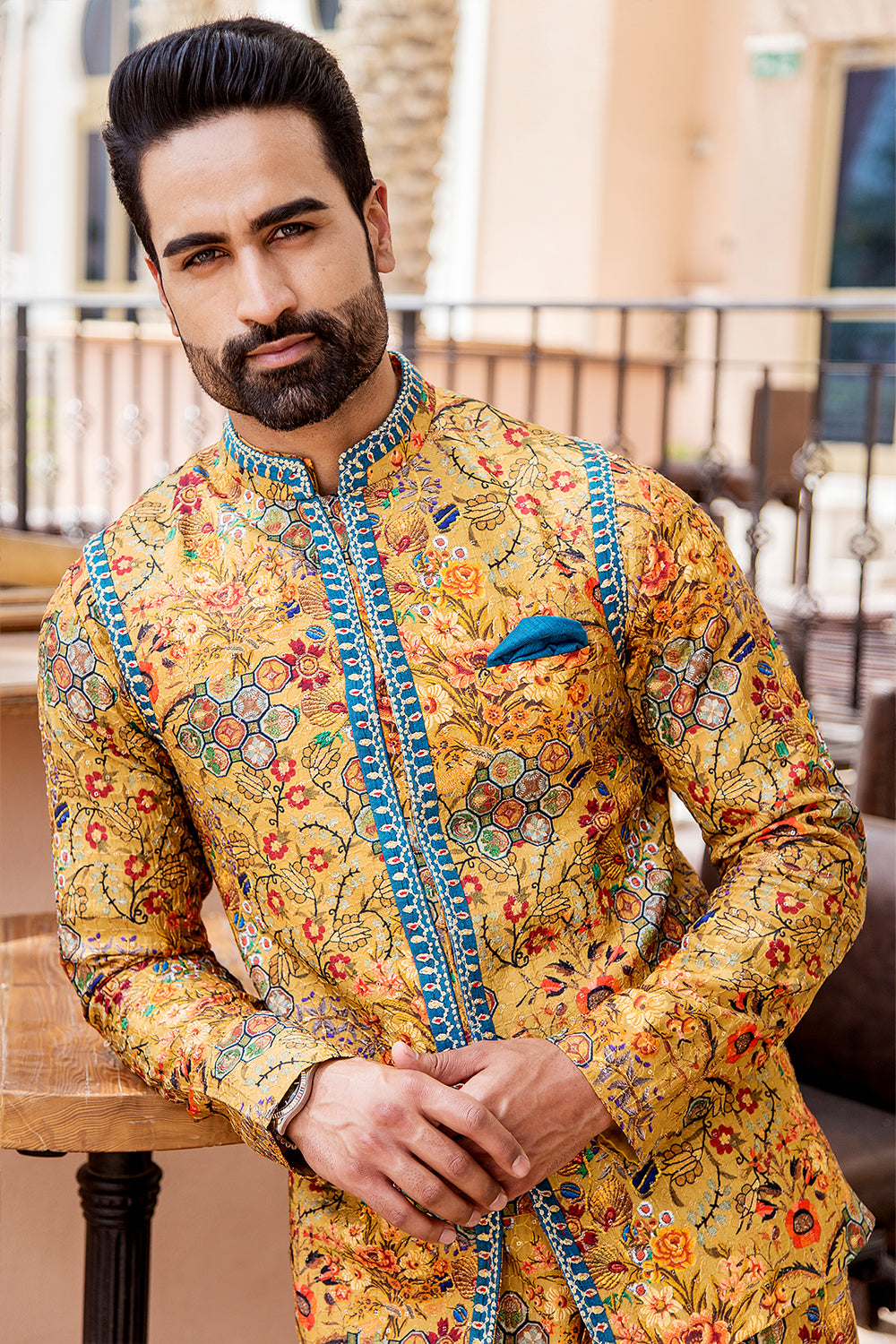 Mustard Printed Kurta Set With Nehru Jacket shop soniyag