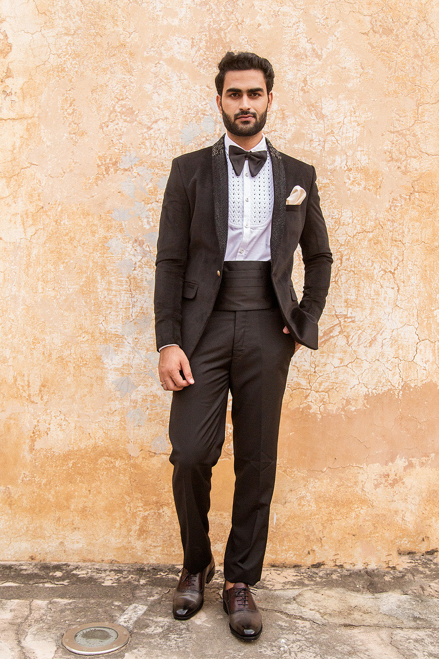 Black Velvet Tuxedo With Embroidered Lapel With Shirt Box Waist ...