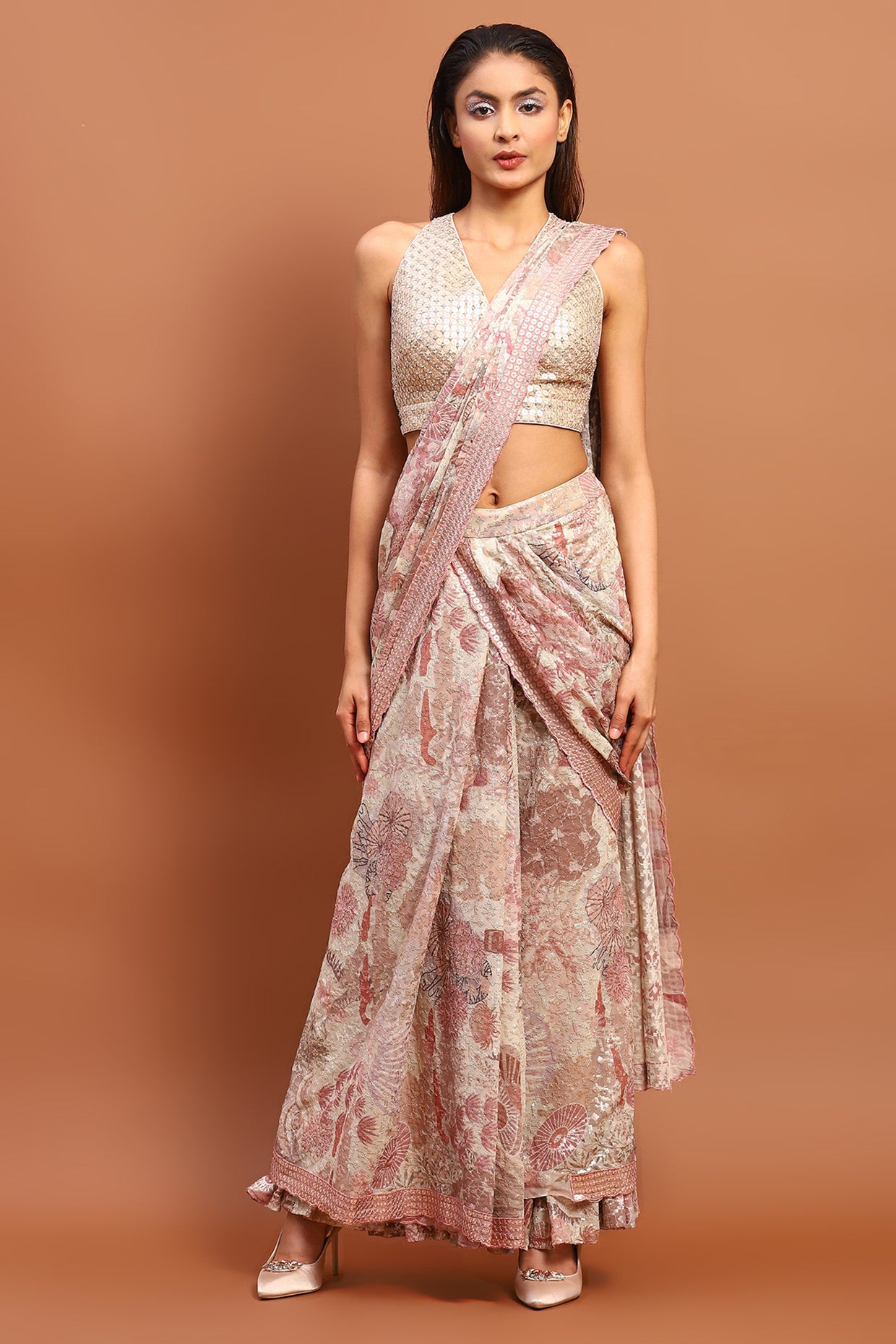 Orange Embroidered Two Piece Saree Set Design by Rabani & Rakha at Pernia's  Pop Up Shop 2024