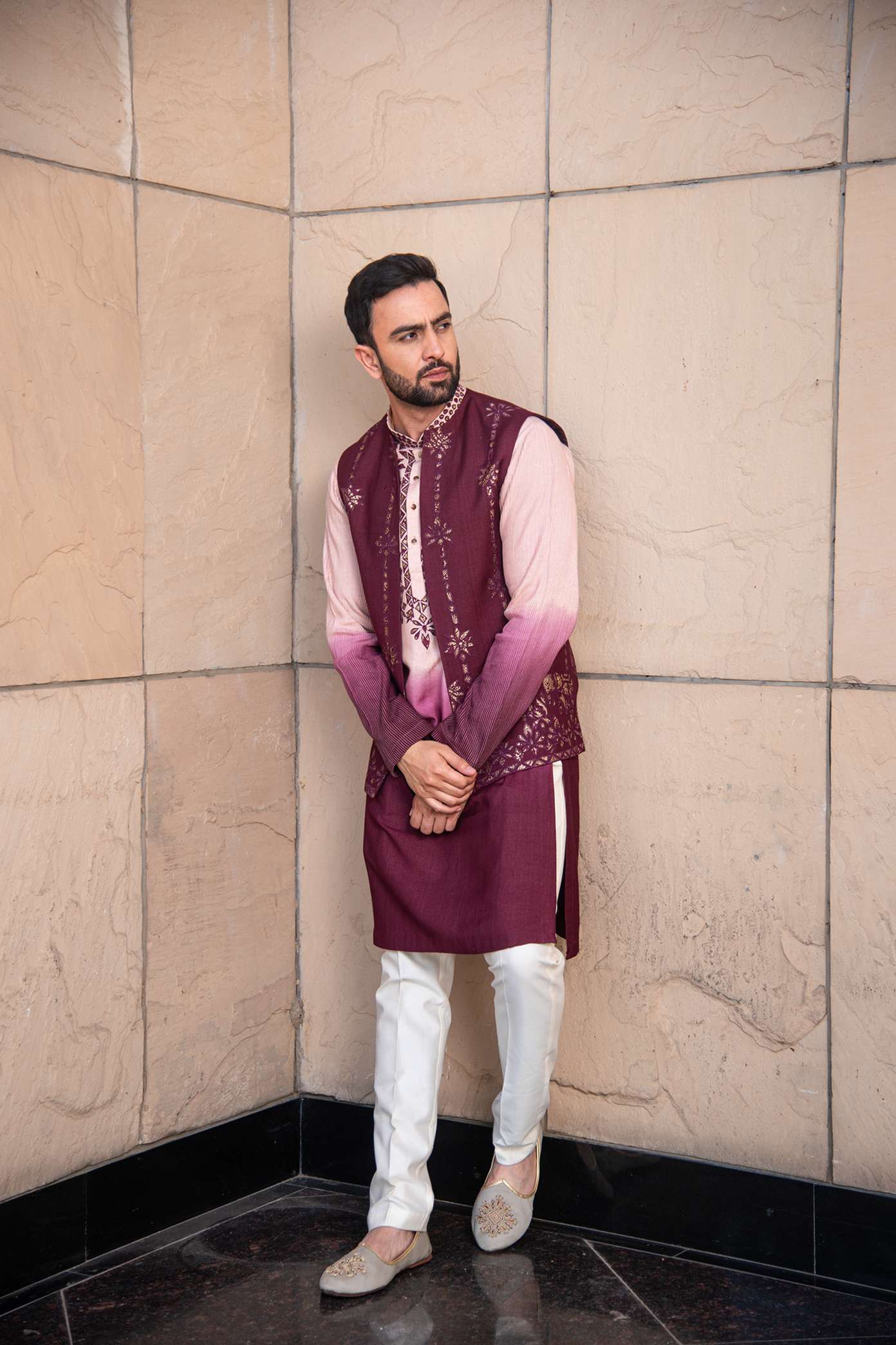 Wine Jacket With Kurta Pajama Set In Dupion Silk