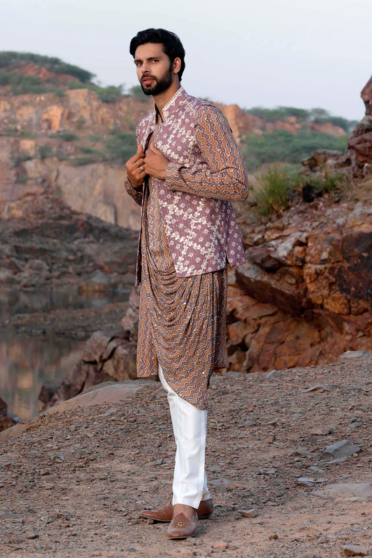 Stylish Thread Work Nehru Jacket Set In Onion Pink