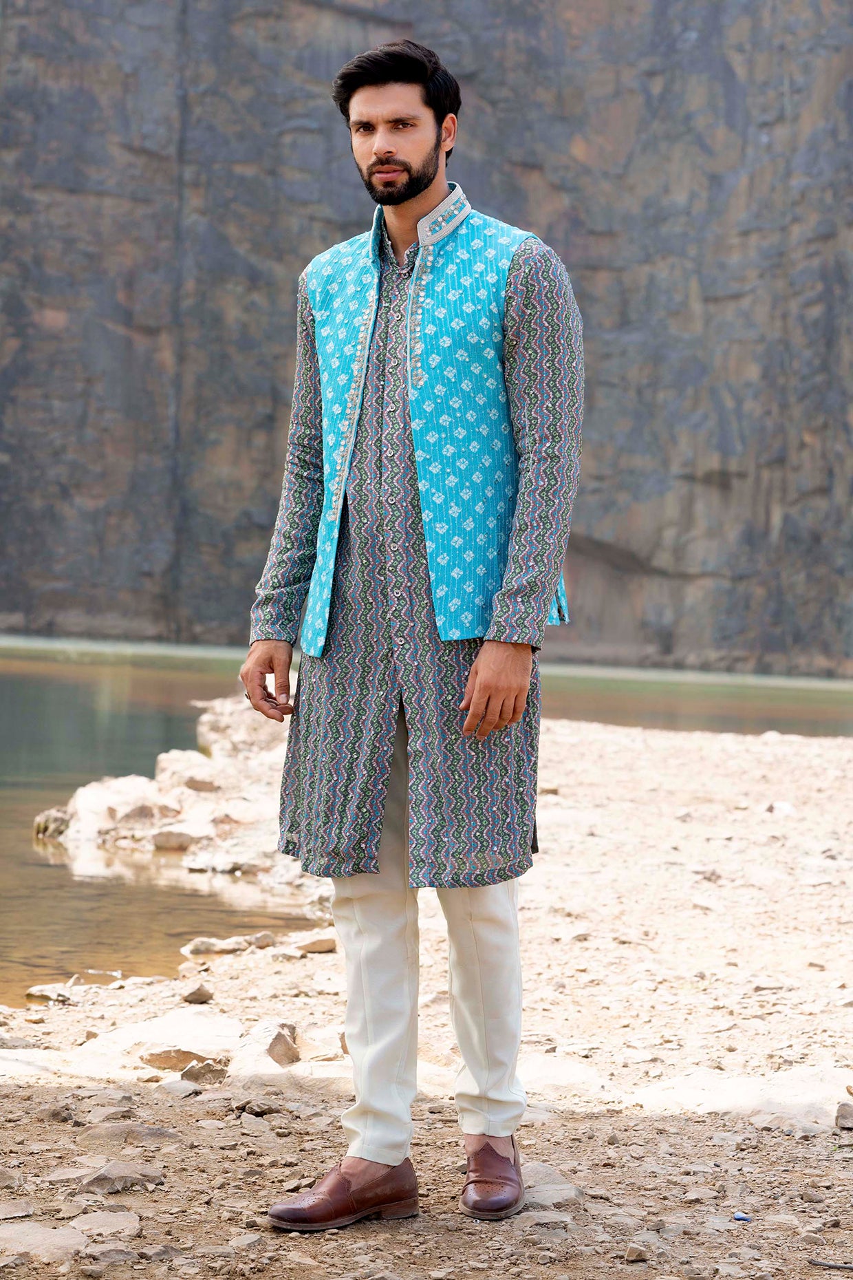 Blue Cotton Satin Kurta With Solid Nehru Jacket. – Minizmo