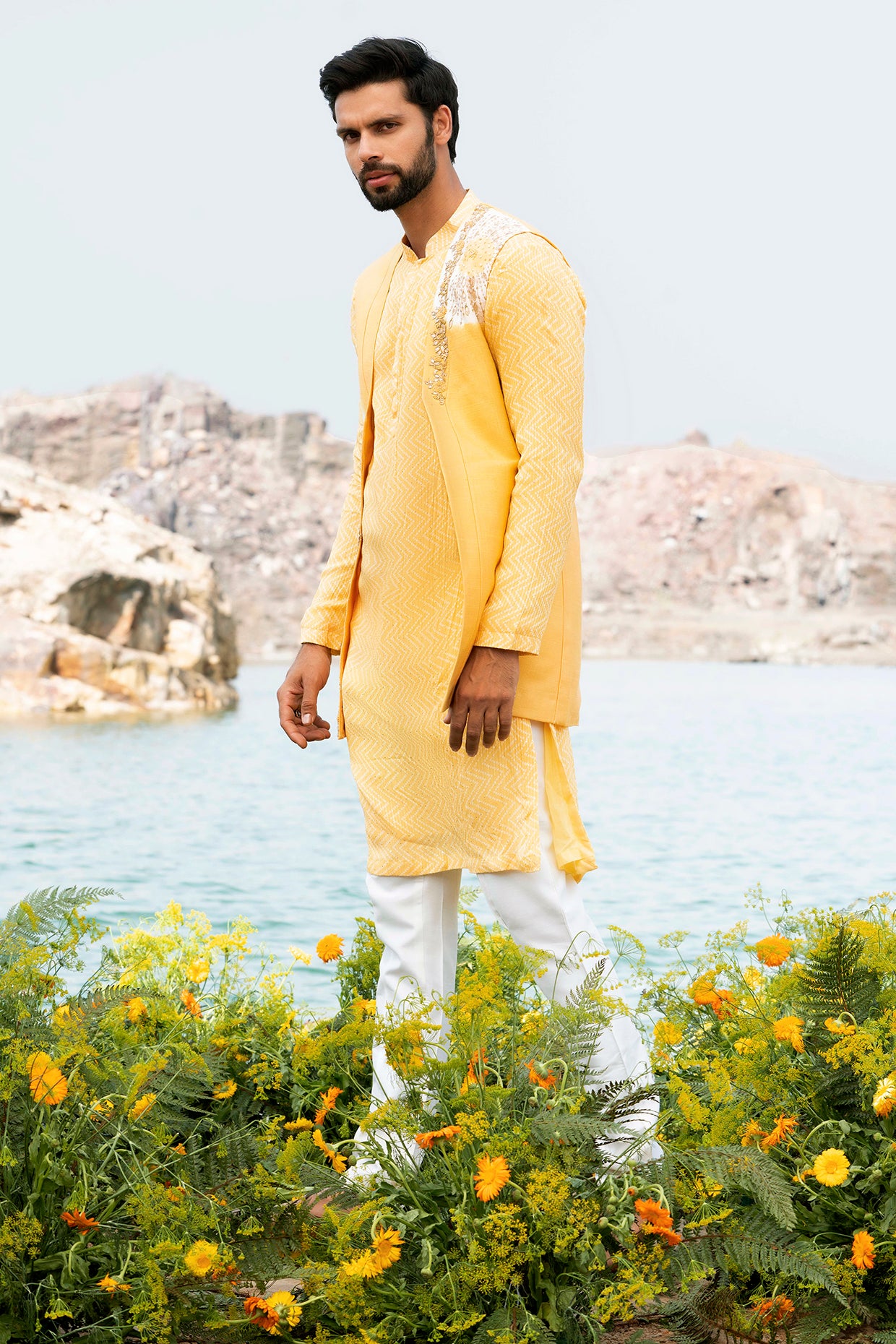 Buy Chrome Yellow Jacket Kurta Set In Linen With Floral Pattern