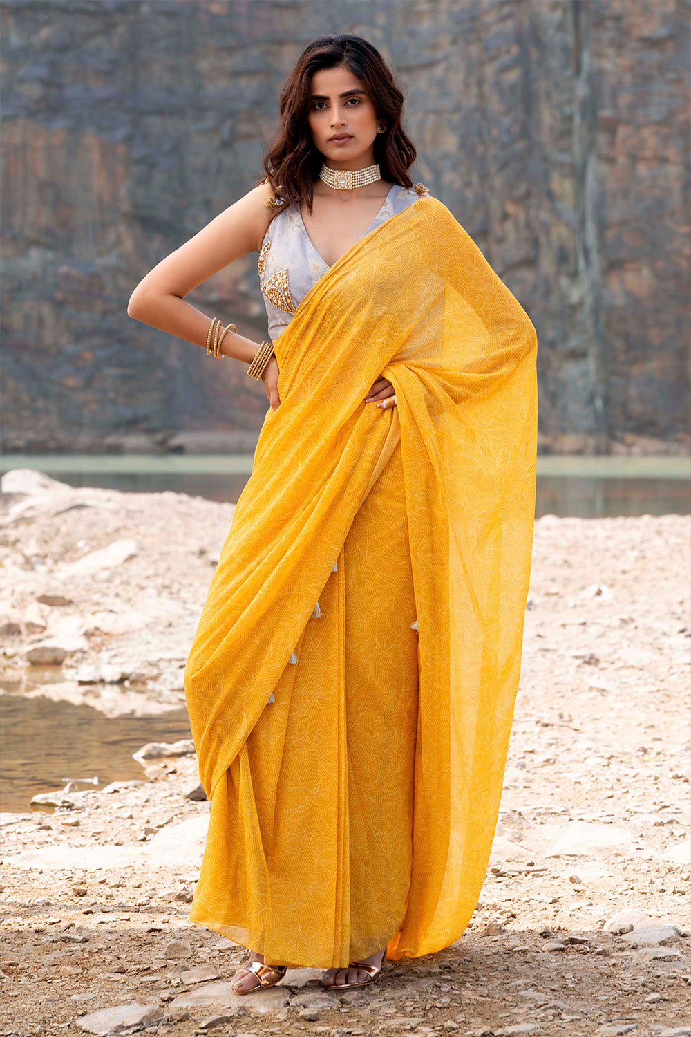 Yellow Grey Hand Block Printed Cotton Saree – GoCoop