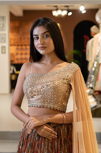 Mirrorwork off shoulder blouse with flared skirt meharoon lehenga | Designer  dresses indian, Lehnga dress, Choli dress